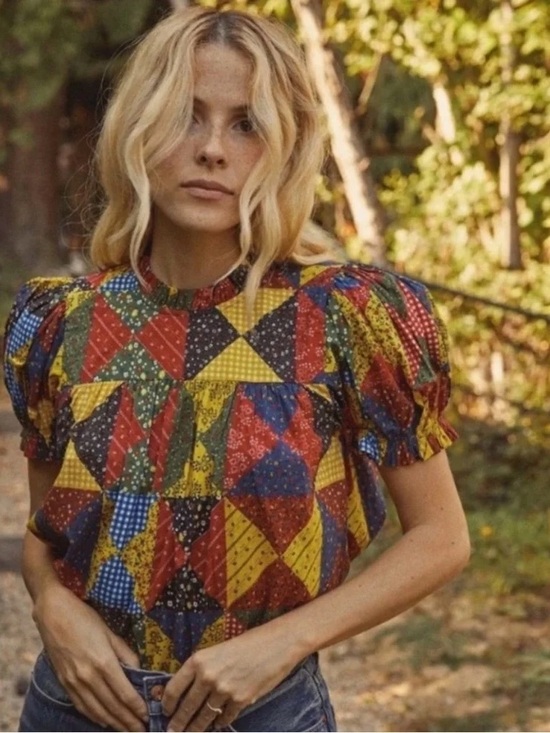 Doen Tops - Doen Alida Top - Patchwork Print Puff-Sleeve Women's Top - Multicolor